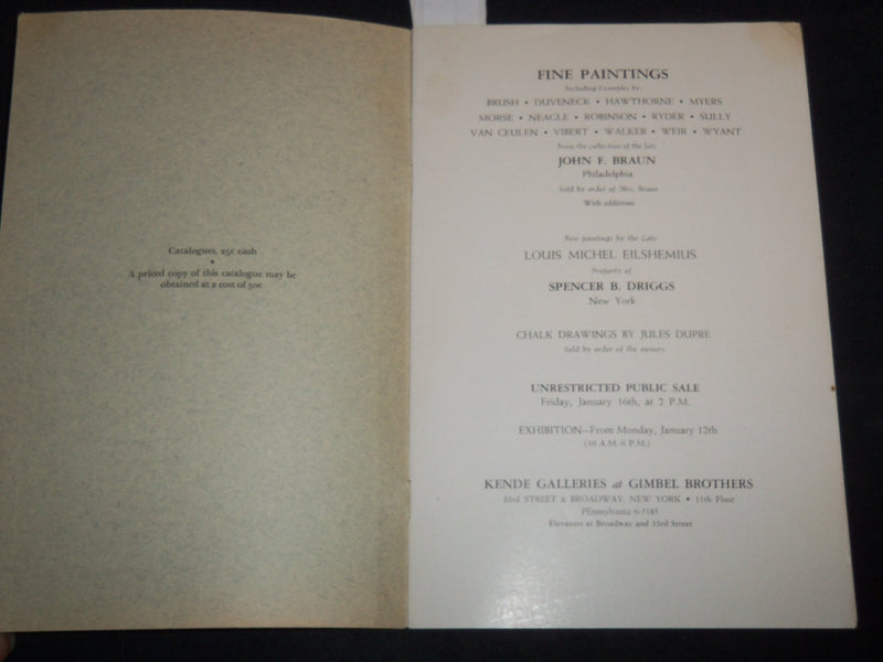 1942 XIX CENTURY PAINTINGS JOHN F. BRAUN COLLECTION PUBLIC SALE CATALOG - J 9207