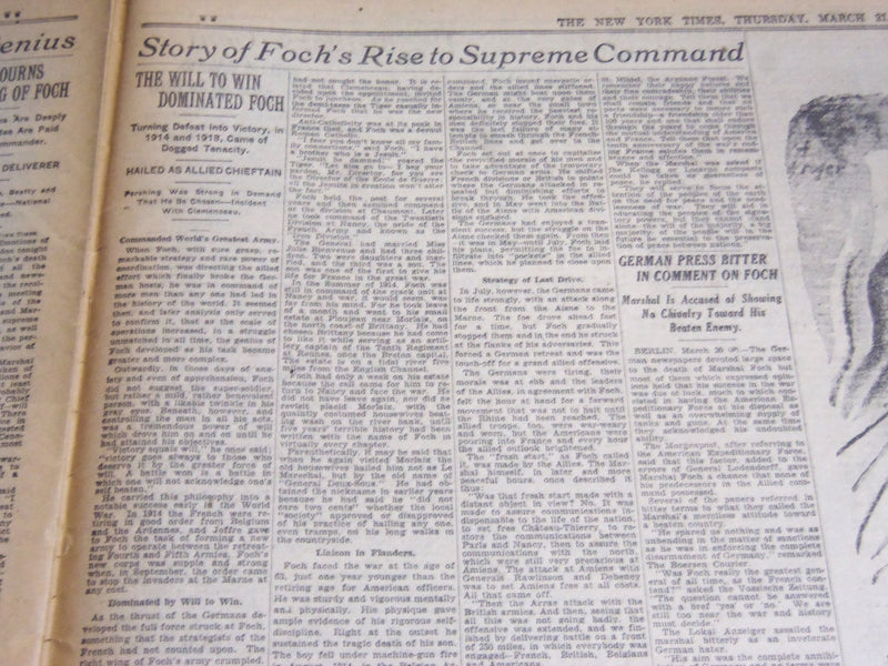 1929 MARCH 21 NEW YORK TIMES - MARSHALL FOCH IS DEAD IN PARIS AT 77 - NT 6914