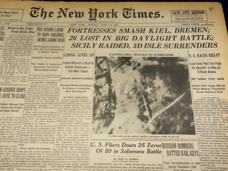 1943 JUNE 14 NEW YORK TIMES - FORTRESSES SMASH KIEL BREMEN - NT 1892