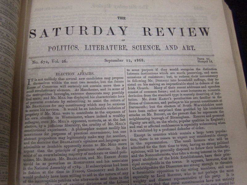 1868 SATURDAY REVIEW 2 BOUND VOLUMES - COMPLETE YR- PUBLISHED IN LONDON - R 1079