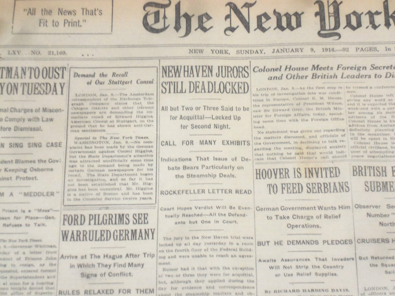 1916 JANUARY 9 NEW YORK TIMES - NEW HAVEN JURORS STILL DEADLOCKED - NT 9056