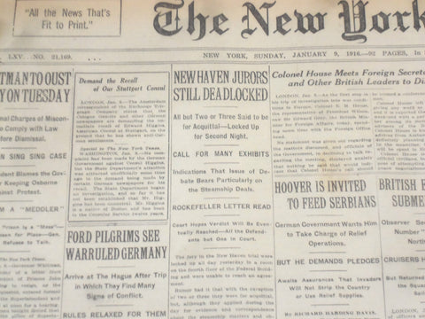1916 JANUARY 9 NEW YORK TIMES - NEW HAVEN JURORS STILL DEADLOCKED - NT 9056