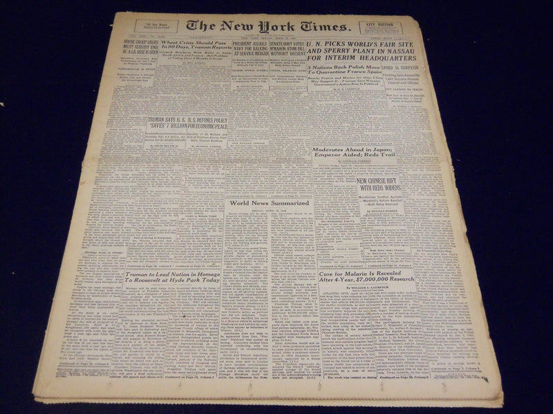 1946 APRIL 12 NEW YORK TIMES - U. N. PICKS WORLD'S FAIR SITE INTERIM HQ - NT 838