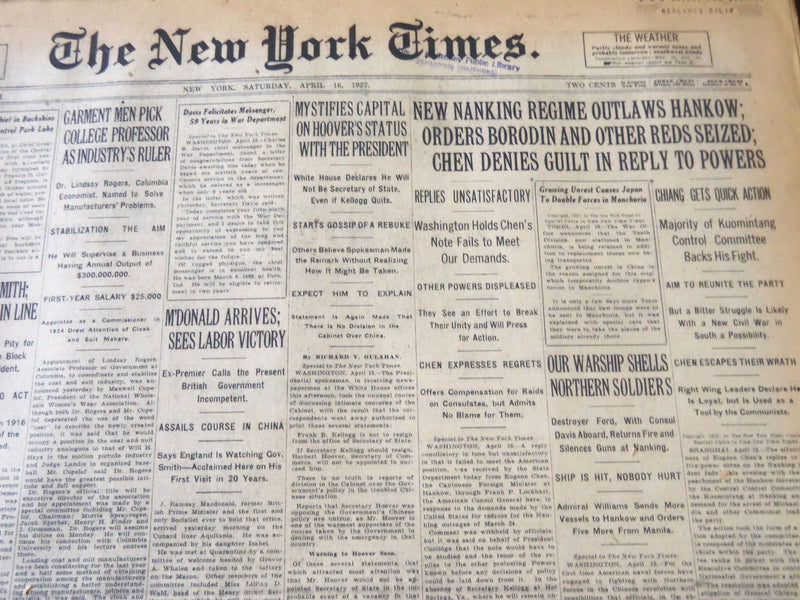 1927 APRIL 16 NEW YORK TIMES - NEW NANXING REGIME OUTLAWS HANKOW - NT 6390