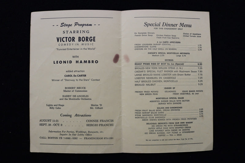 1950'S CAESAR'S MONTICELLO MENU - VICTOR BORGE SIGNED COVER - K 2863