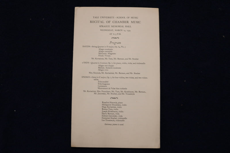 1934 YALE UNIVERSITY SCHOOL OF MUSIC RECITAL PROGRAMS - LOT OF 2 - K 1501