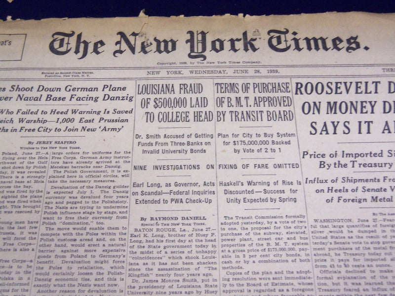 1939 JUNE 28 NEW YORK TIMES - LOUISIANA FRAUD OF $500,000 LAID, COLLEGE - NT 586