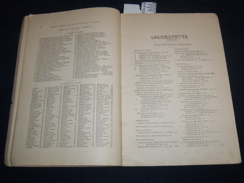 1892 PLANTS OF KANSAS CHECK LIST BOOK BY BERNARD B. SMYTH - J 8507