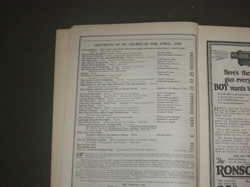 1922 APRIL ST. NICHOLAS MAGAZINE - ILLUSTRATIONS, STORIES & ADS - B 4621