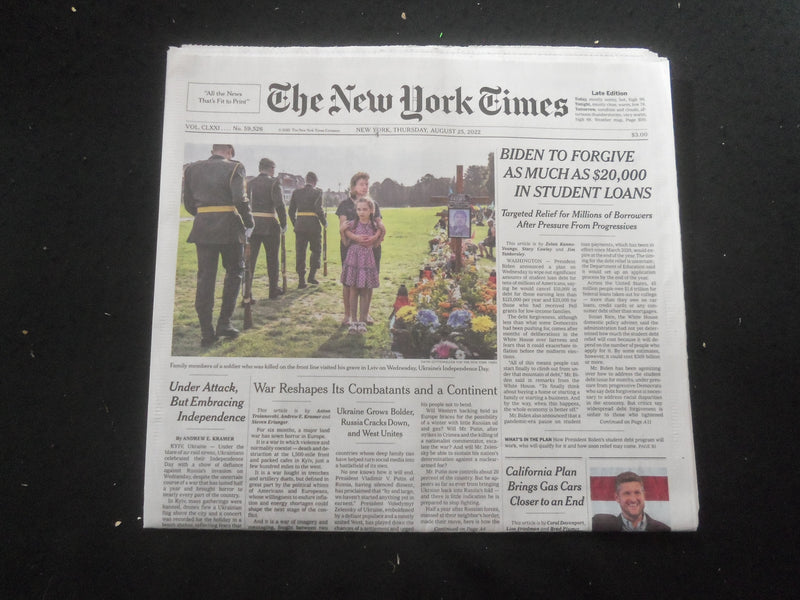 2022 AUGUST 25 NEW YORK TIMES - BIDEN TO FORGIVE UP TO $20,000 IN STUDENT LOANS