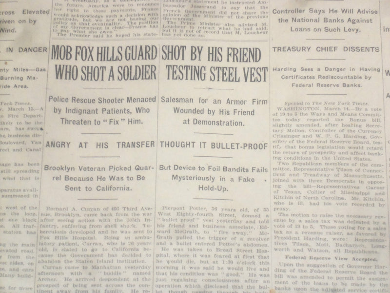 1922 MARCH 15 NEW YORK TIMES - SHOT BY HIS FRIEND TESTING STEEL VEST - NT 8316