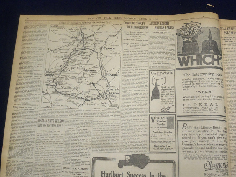 1918 APRIL 8 NEW YORK TIMES - GERMANS PUSH ON SOUTH OF THE OISE - NT 8205