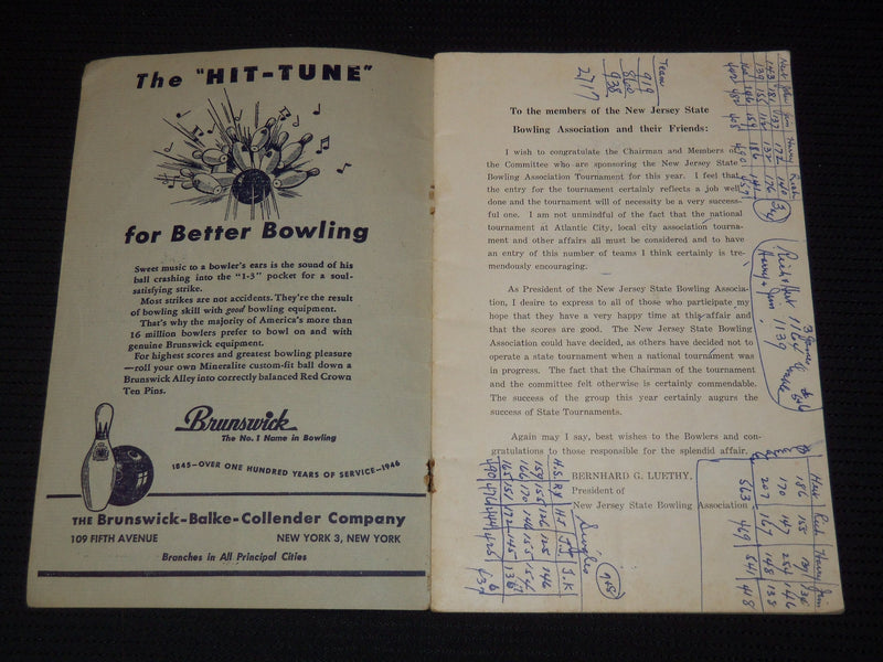 1949 NEW JERSEY STATE BOWLING TOURNAMENT PROGRAM - MORRIS COUNTY - J 7896