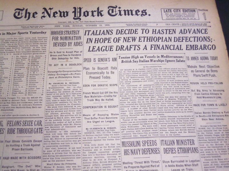 1935 OCTOBER 13 NEW YORK TIMES - ITALIANS DECIDE TO HASTEN ADVANCE - NT 4898