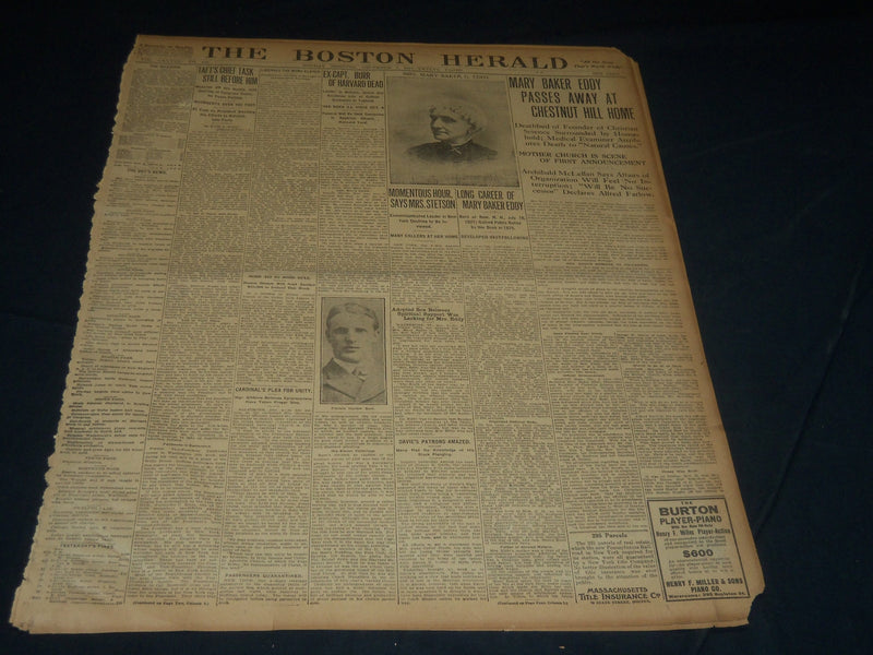 1910 DECEMBER 5 THE BOSTON HERALD - MARY BAKER EDDY PASSES AWAY - BH 280