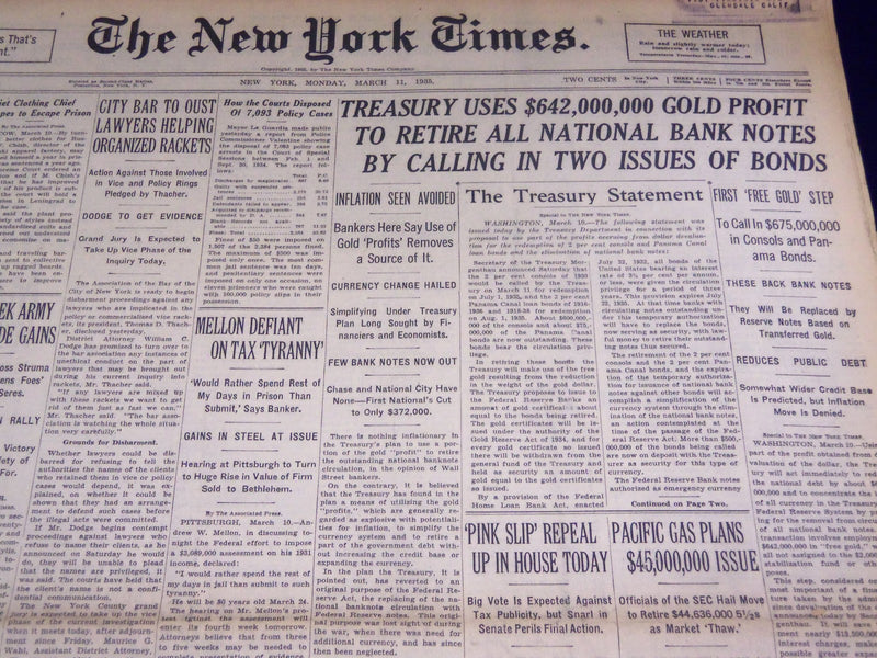 1935 MAR 11 NEW YORK TIMES TREASURY USES GOLD PROFIT RETIRE BANK NOTES - NT 1859
