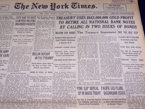 1935 MAR 11 NEW YORK TIMES TREASURY USES GOLD PROFIT RETIRE BANK NOTES - NT 1859