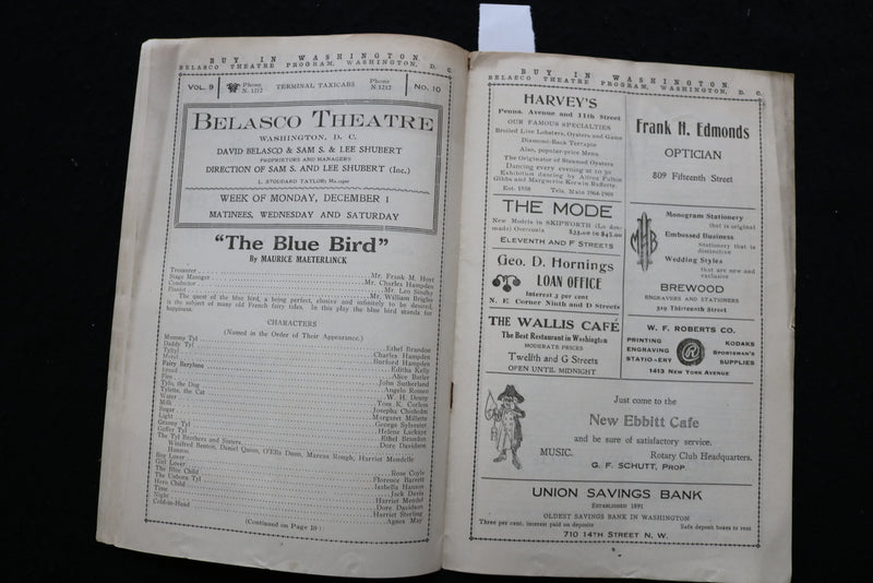 1913 DECEMBER 1 THE BLUE BIRD PROGRAM - BELASCO THEATRE - K 1952