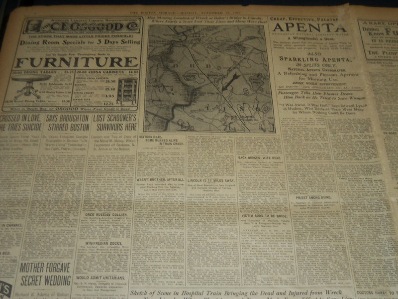1905 NOVEMBER 27 THE BOSTON HERALD NEWSPAPER - 16 DEAD IN TRANI CRASH - BH 266