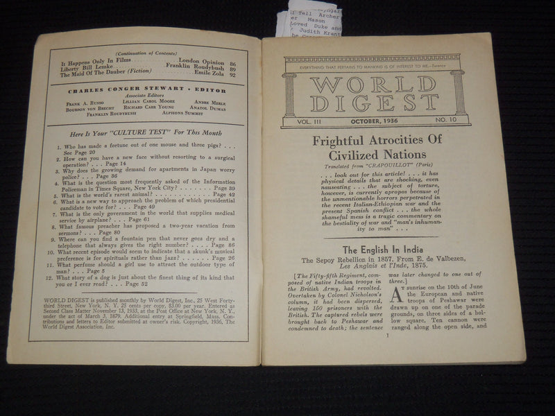 1936 OCTOBER WORLD DIGEST MAGAZINE - DALE CARNEGIE - PEARL S. BUCK - K 1030