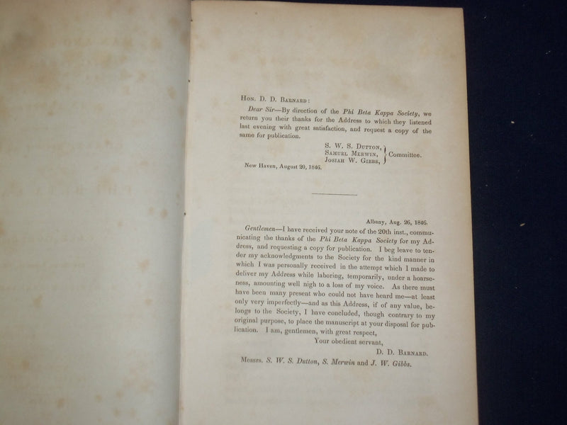 1846 YALE COLLEGE - MAN AND THE STATE ADDRESS - DANIEL BARNARD - J 4712