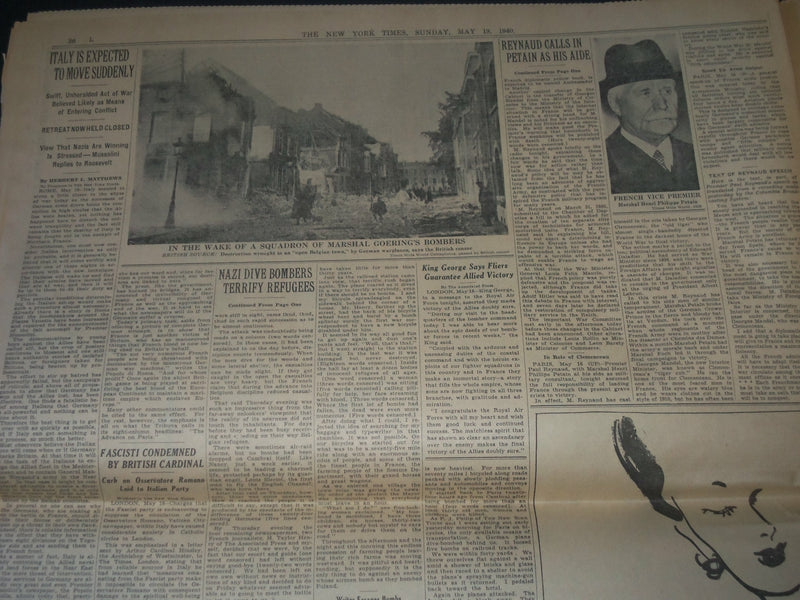 1940 MAY 19 NEW YORK TIMES - FRENCH CHECK DRIVE - GERMANS SWING WEST - NP 3610