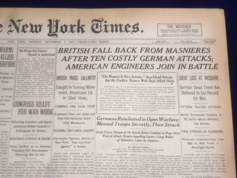 1917 DECEMBER 3 NEW YORK TIMES - BRITISH FALL BACK FROM MASNIERES - NT 8250