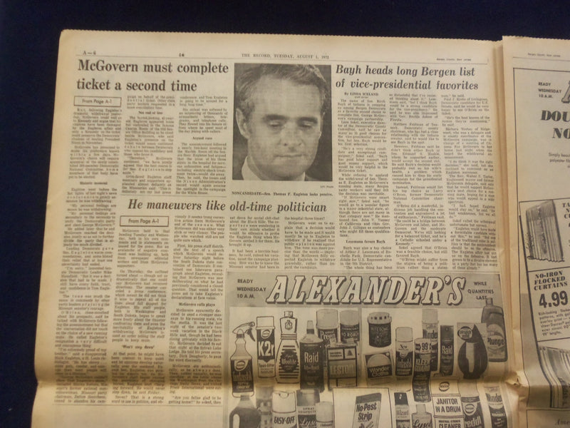1972 AUGUST 1 THE BERGEN RECORD NEWSPAPER - EAGLETON OUT FOR VP SPOT - NP 6458