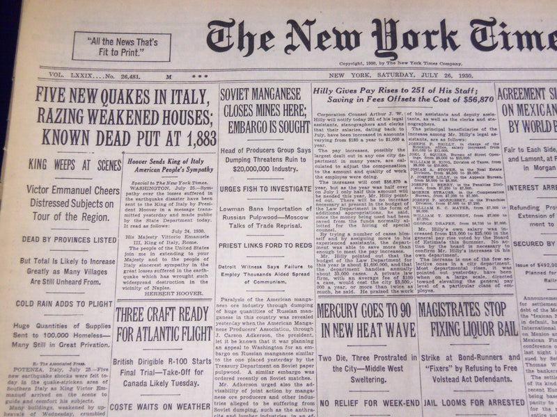 1930 JULY 26 NEW YORK TIMES - 5 NEW QUAKES IN ITALY, 1883 KNOWN DEAD - NT 1559