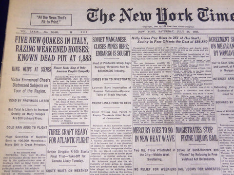 1930 JULY 26 NEW YORK TIMES - 5 NEW QUAKES IN ITALY, 1883 KNOWN DEAD - NT 1559