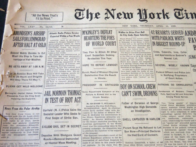 1926 APRIL 15 NEW YORK TIMES - AMUNDSEN'S AIRSHIP SAILS FOR LENINGGRAD - NT 5588