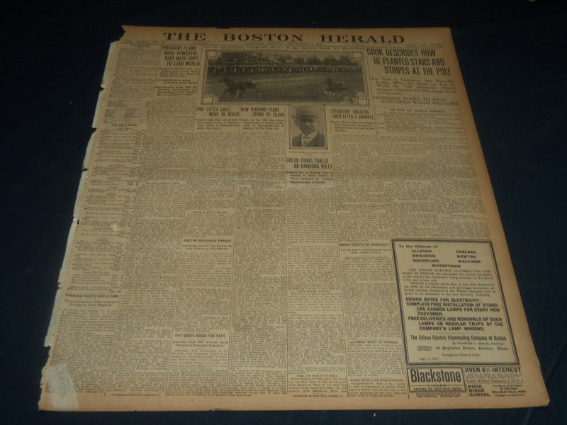 1909 SEPT 4 THE BOSTON HERALD - COOK PLANTED STARS AND STRIPE AT POLE - BH 207