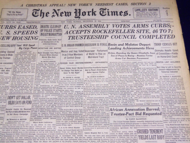 1946 DEC 15 NEW YORK TIMES - U. N. ACCEPTS ROCKEFELLER SITE 46 TO 7 - NT 2630