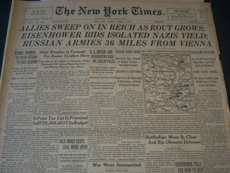 1945 APRIL 1 NEW YORK TIMES NEWSPAPER -ALLIES SWEEP IN REICH ROUT GROWS- NT 7285