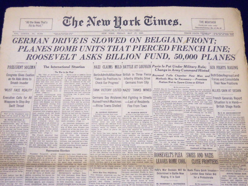 1940 MAY 17 NEW YORK TIMES - GERMAN DRIVE IS SLOWED ON BELGIAN FRONT - NT 183