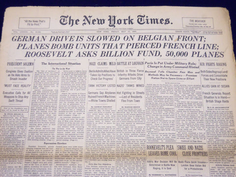 1940 MAY 17 NEW YORK TIMES - GERMAN DRIVE IS SLOWED ON BELGIAN FRONT - NT 183