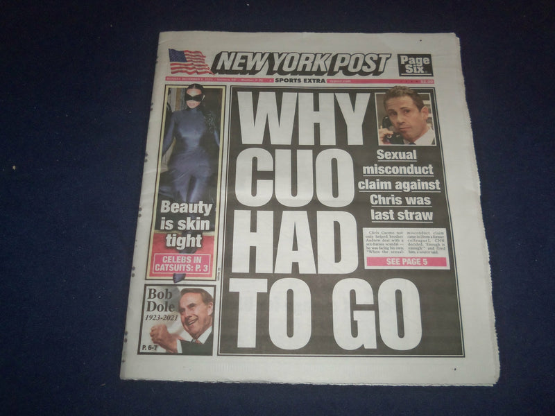 2021 DECEMBER 6 NEW YORK POST NEWSPAPER - BOB DOLE DIED (1923-2021)