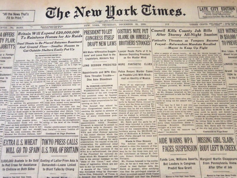1938 DECEMBER 22 NEW YORK TIMES - CONNIE MACK 76 TOMORROW - NT 6264