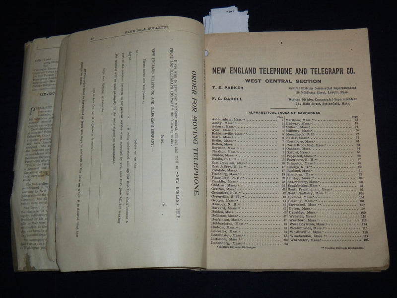 1909 NEW ENGLAND TELEPHONE & TELEGRAPH CO. WEST CENTRAL PHONE BOOK - J 8817