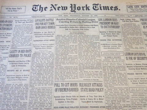 1936 OCTOBER 14 NEW YORK TIMES - REICH TO DISSOLVE COLONIAL LEAGUE - NT 6693