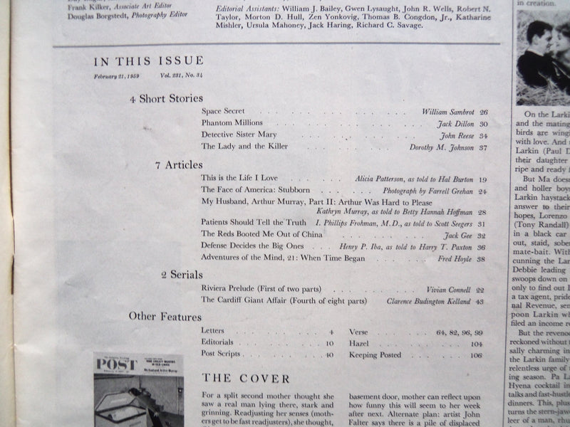 1959 FEBRUARY 21 THE SATURDAY EVENING POST MAGAZINE - ILLUSTRATED COVER- SP 2217