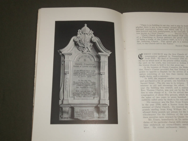 1926 HAND BOOK OF CHRIST CHURCH - PHILADELPHIA 1695-1926 SOFTCOVER BOOK - J 2693