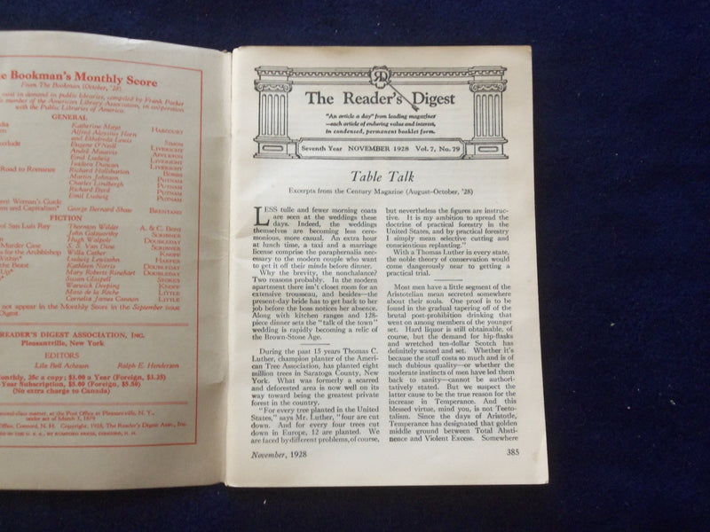 1928 NOVEMBER THE READER'S DIGEST SOFTCOVER BOOK - NUMBER 79 - J 8440