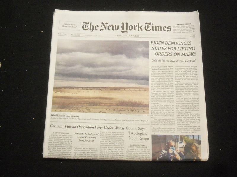 2021 MARCH 4 NEW YORK TIMES - BIDEN DENOUNCES STATES FOR LIFTING ORDERS ON MASKS