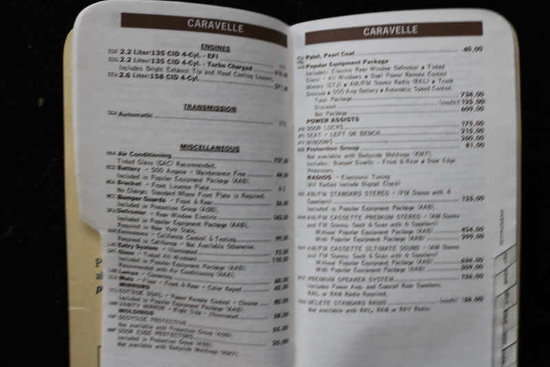 1985 CHRYSLER-PLYMOUTH SPECIFICATION GUIDE - SOFTCOVER BOOK - K 3534