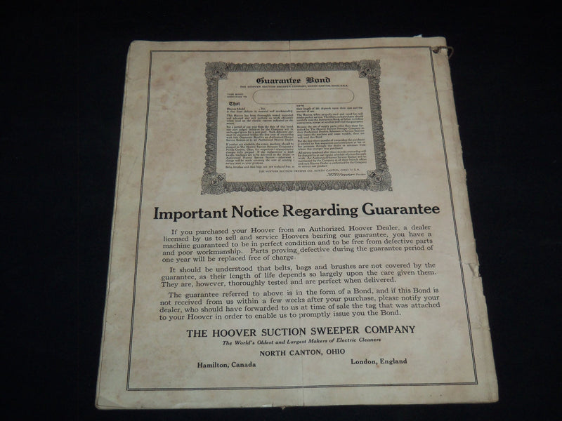 1920'S INSTRUCTIONS FOR THE CARE & USE OF THE HOOVER ELECTRIC SWEEPER - J 9159