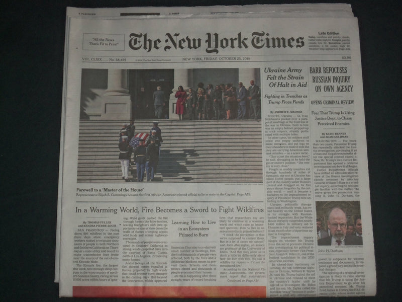 2019 OCTOBER 25 NEW YORK TIMES - BARR REFOCUSES RUSSIAN INQUIRY ON JUSTICE DEPT.