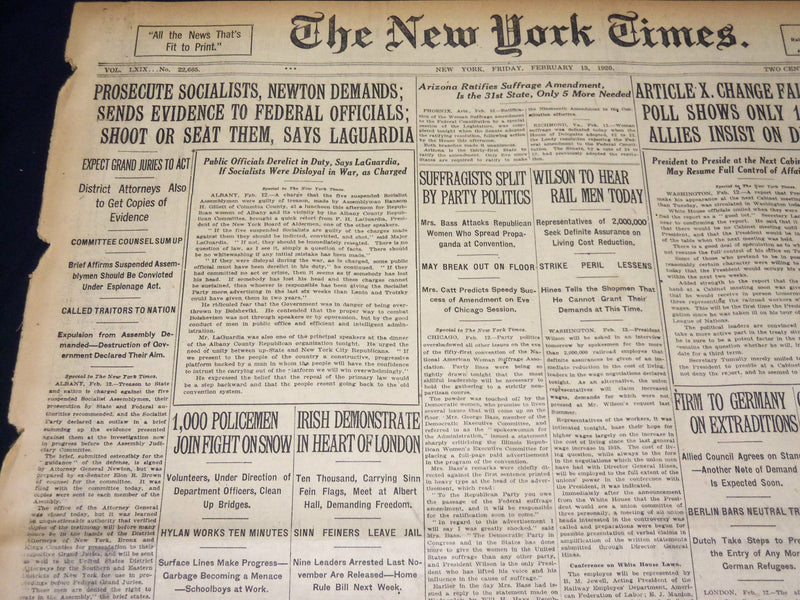 1920 FEBRUARY 13 NEW YORK TIMES - PROSECUTE SOCIALISTS NEWTON DEMANDS - NT 7869