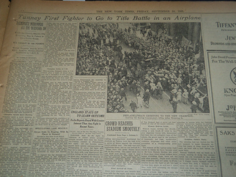 1926 SEPT 24 NEW YORK TIMES - TUNNEY WINS CHAMPIONSHIP BEATS DEMPSEY - NT 7563