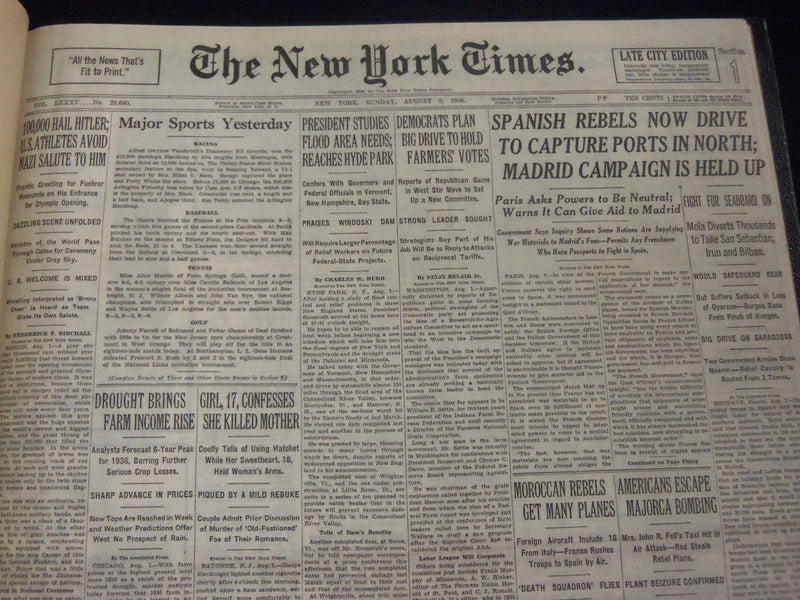 1936 AUGUST 2 NEW YORK TIMES SPANISH REBELS NOW DRIVE TO CAPTURE PORTS - NT 7213